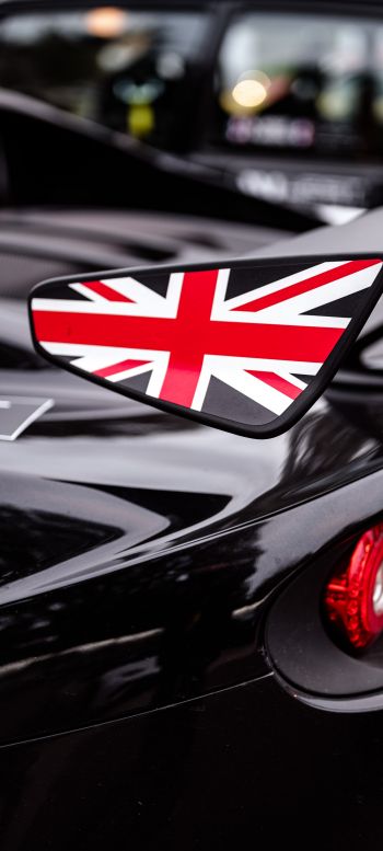 black, sports car, uk flag Wallpaper 1440x3200