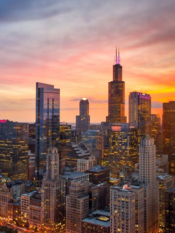 Chicago, bird's eye view, sunset Wallpaper 2048x2732