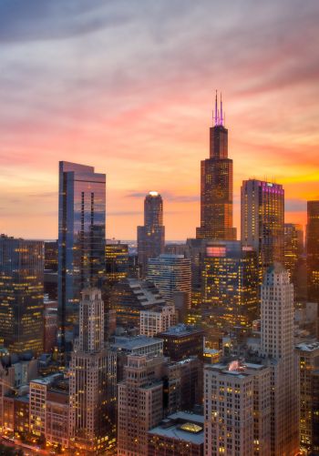 Chicago, bird's eye view, sunset Wallpaper 1668x2388
