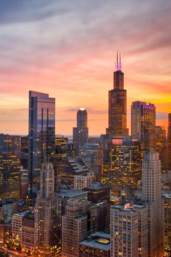 Chicago, bird's eye view, sunset Wallpaper 640x960