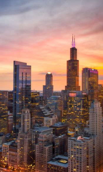 Chicago, bird's eye view, sunset Wallpaper 1200x2000
