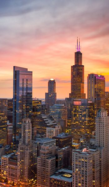 Chicago, bird's eye view, sunset Wallpaper 600x1024