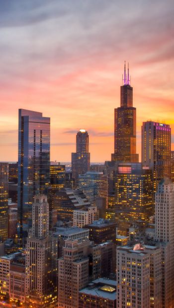 Chicago, bird's eye view, sunset Wallpaper 640x1136