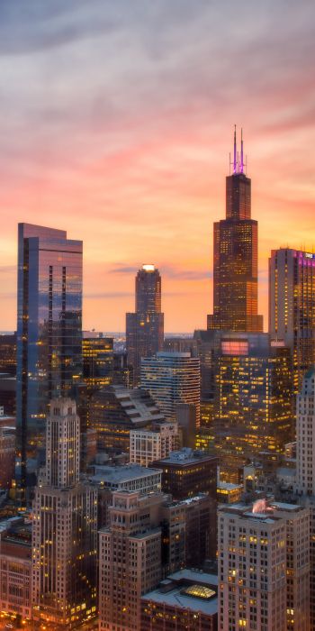 Chicago, bird's eye view, sunset Wallpaper 720x1440