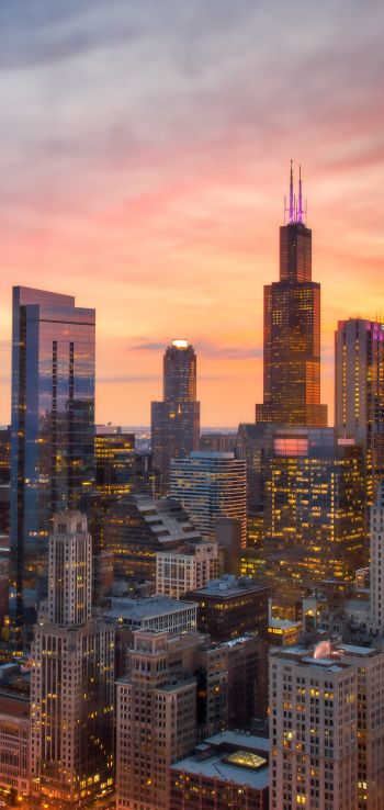 Chicago, bird's eye view, sunset Wallpaper 720x1520
