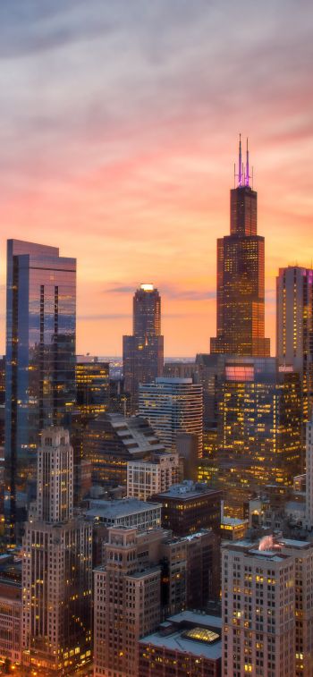 Chicago, bird's eye view, sunset Wallpaper 1125x2436