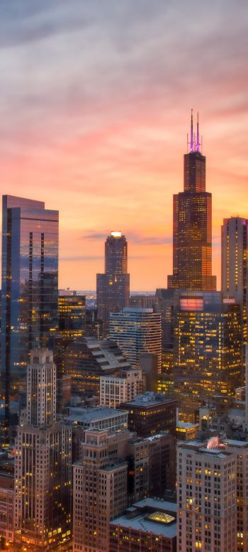 Chicago, bird's eye view, sunset Wallpaper 1440x3200