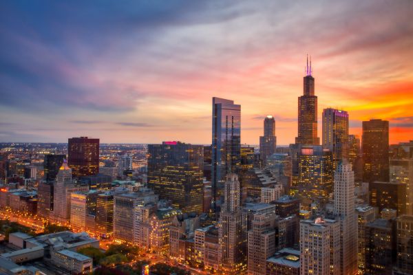 Chicago, bird's eye view, sunset Wallpaper 5649x3771