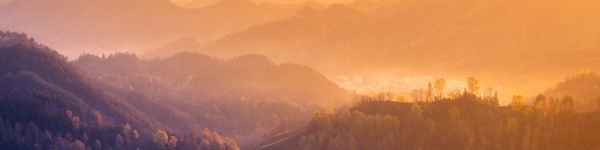 bird's eye view, mountain range, dawn Wallpaper 1590x400