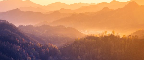 bird's eye view, mountain range, dawn Wallpaper 3440x1440