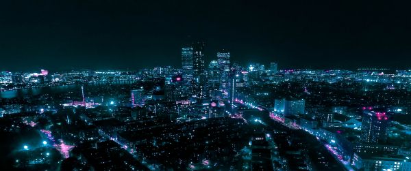 Boston, bird's eye view, night city Wallpaper 3440x1440