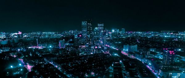 Boston, bird's eye view, night city Wallpaper 2560x1080