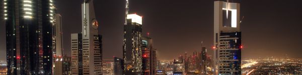 skyscrapers, metropolis, night Wallpaper 1590x400