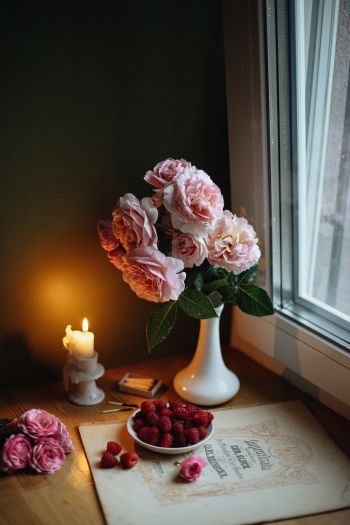 Обои 640x960 эстетика, розовые розы, букет