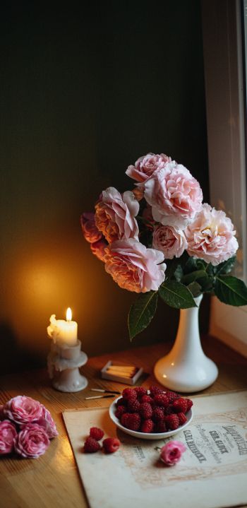 Обои 1440x2960 эстетика, розовые розы, букет
