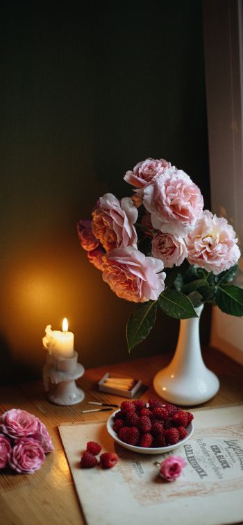 Обои 1125x2436 эстетика, розовые розы, букет