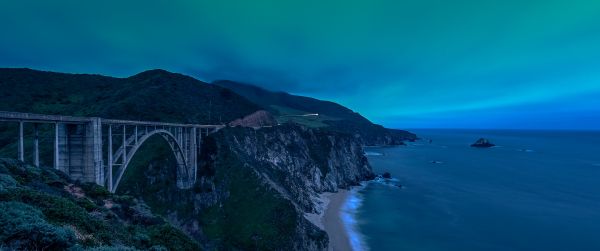 Bixby Bridge, cliff, shore Wallpaper 3440x1440