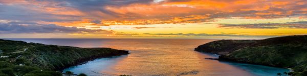 Hanauma Bay, bay, sunset Wallpaper 1590x400