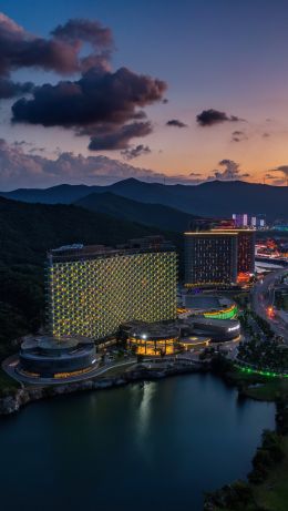 bird's eye view, hotel, sunset Wallpaper 640x1136