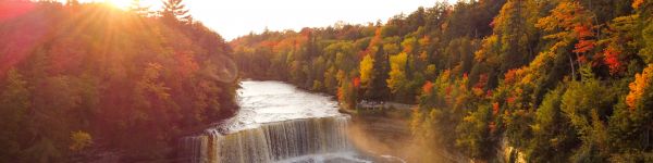 waterfall, sunlight, bird's eye view Wallpaper 1590x400