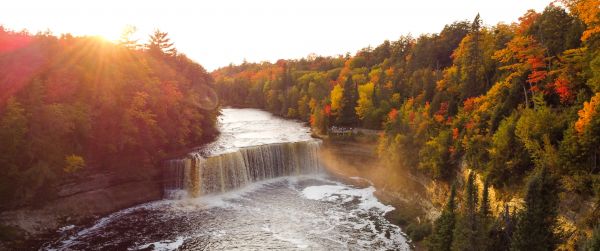 waterfall, sunlight, bird's eye view Wallpaper 3440x1440