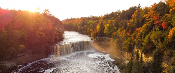 waterfall, sunlight, bird's eye view Wallpaper 2560x1080