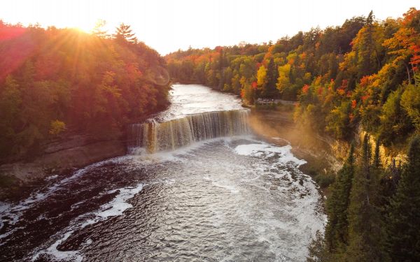 waterfall, sunlight, bird's eye view Wallpaper 2560x1600