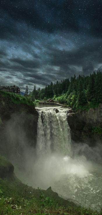 Snokvalmi Waterfall, night, landscape Wallpaper 720x1520