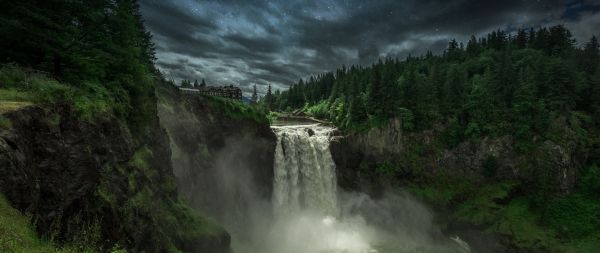 Snokvalmi Waterfall, night, landscape Wallpaper 2560x1080