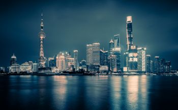 Обои 2560x1600 Шанхай, ночной город, темный