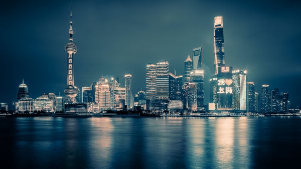 Shanghai, night city, dark Wallpaper 1600x900