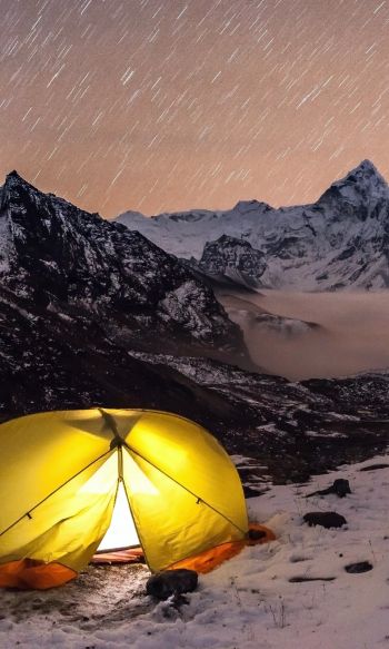Обои 1200x2000 палатка, горная местность