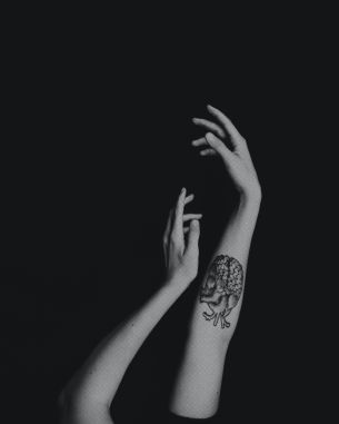 hands, aesthetics, tattoo, black and white photo Wallpaper 4243x5304