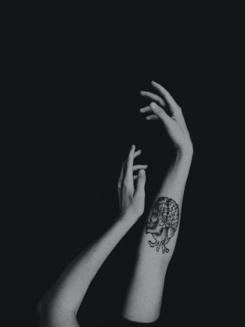 hands, aesthetics, tattoo, black and white photo Wallpaper 1620x2160