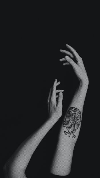 hands, aesthetics, tattoo, black and white photo Wallpaper 1440x2560