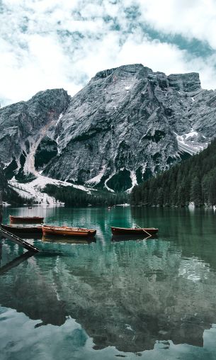 Lake, boats, mountain landscape Wallpaper 1200x2000