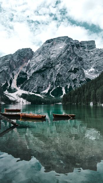 Lake, boats, mountain landscape Wallpaper 1440x2560