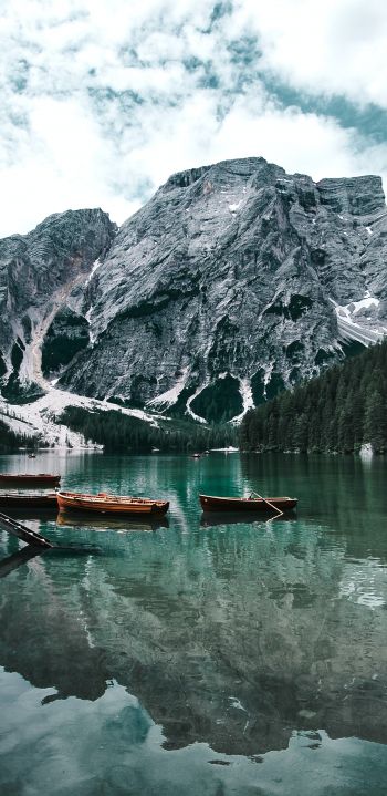 Lake, boats, mountain landscape Wallpaper 1080x2220