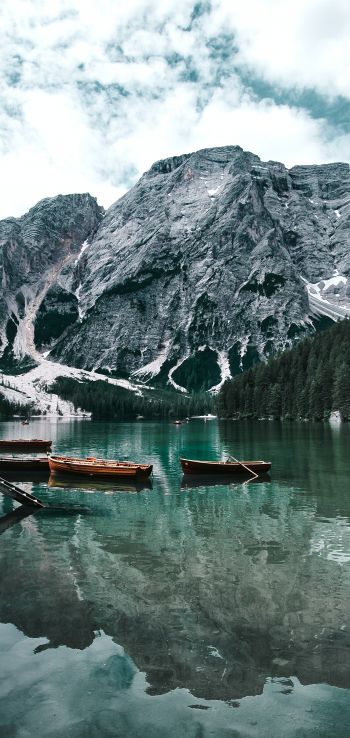 Lake, boats, mountain landscape Wallpaper 1080x2280