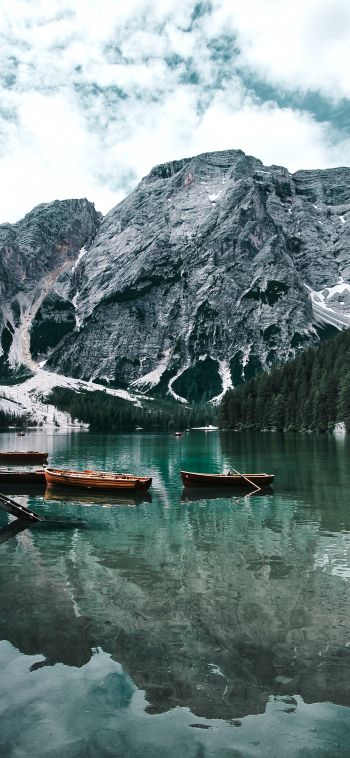 Lake, boats, mountain landscape Wallpaper 1080x2340
