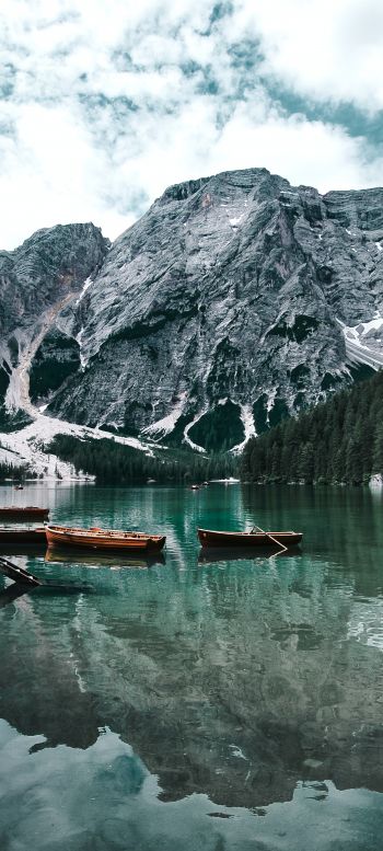 Lake, boats, mountain landscape Wallpaper 1080x2400