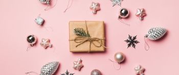 Gifts, Balls, pink background Wallpaper 2560x1080