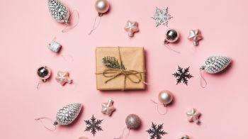 Gifts, Balls, pink background Wallpaper 1366x768