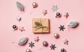 Gifts, Balls, pink background Wallpaper 1920x1200