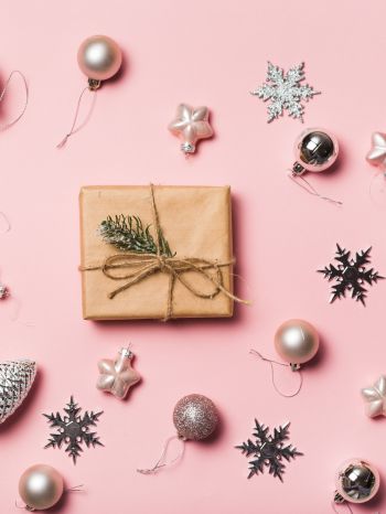 Gifts, Balls, pink background Wallpaper 1668x2224
