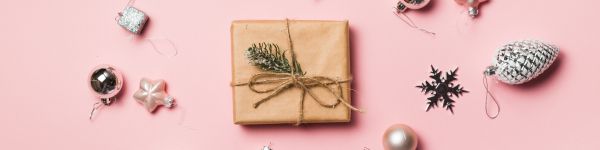 Gifts, Balls, pink background Wallpaper 1590x400