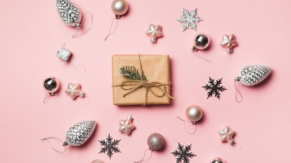 Gifts, Balls, pink background Wallpaper 1280x720