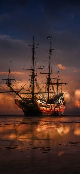 Ship, sea, sunset Wallpaper 1080x2340