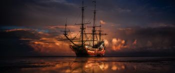 Ship, sea, sunset Wallpaper 2560x1080