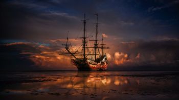 Ship, sea, sunset Wallpaper 2560x1440